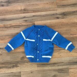 Hand-Knit Blue & White Cardigan Sweater